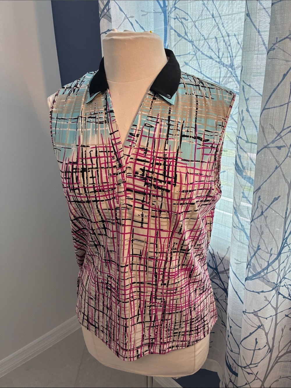 Jamie Sadock Sleeveless Pink & Aqua Plaid Collared Golf Top